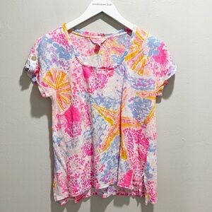 LILLY PULITZER Women’s Multicolor Linen INARA Tee In BOHEMIAN BEACH Preppy Sz XS